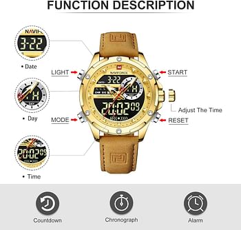 NAVIFORCE Men Military Multifunction Sport Waterproof Leather Watch Digital Analog Quartz Chronograph Watches for Men