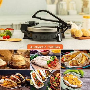 Geepas Mexican Style Tortilla Press Roti/Chapati Maker |Ideal for Making Homemade Tortillas Tacos Flatbreads Chapati Roti Non-stick coating Lightweight & Compact Design