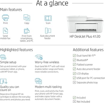 طابعة HP Deskjet Plus 4120 متعددة الوظائف لاسلكية تدعم الطباعة والنسخ والمسح الضوئي وإرسال الفاكسات عبر الهاتف المحمول - باللون الأبيض