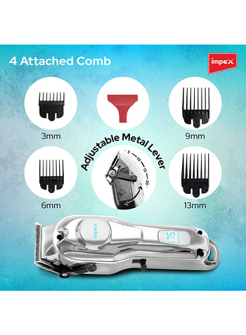 Impex Professional Hair Trimmer Digital LED Logo Display Copper Wheeled Motor 2000mAh Battery Precision Sharp Stainless Steel Blade Adjustable Metal Lever 5W Power 4 Attached Combs Working Hours 2-3 Hours Grooming Kit For Mens