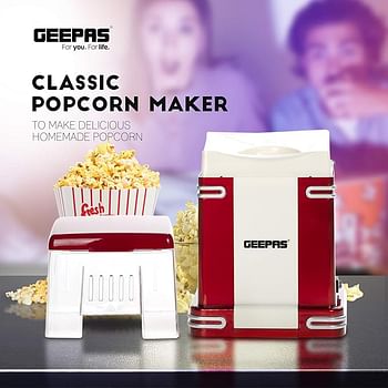 1200W Electric Popcorn Maker, Makes Hot, Fresh, Healthy and Fat-Free Theatre Style Popcorn Anytime, On/Off Switch, Oil-Free Popcorn Popper Geepas – Red & White