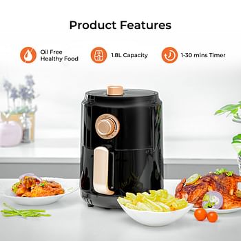 Geepas Vortex 1.8L Digital Air Fryer – Convection Air Fryer with LED Touchscreen 30 Minutes Timer & Non-Stick Basket – Oil Free Toaster Oven 1200W Black