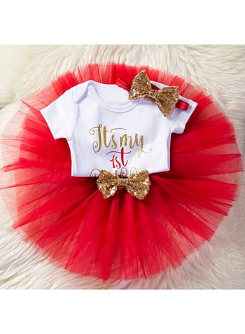 4 Pieces Its My 1st Birthday Costume Princess Theme Dressing up Toy Baby Girl Party Fancy Wear with Tutu Skirt, Cake Topper and Floral Headband - Red