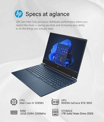 HP - Victus 15.6 Inch Full HD 144Hz Gaming Laptop - Intel 12th Generation Core i5-12450H - NVIDIA GeForce RTX 3050 Backlit Keyboard - Windows 11 1TB SSD - 32GB RAM Memory - Performance Blue