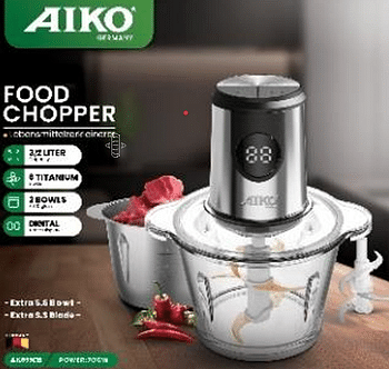 AIKO AK653CH Food Chopper 700 Watts A++ Energy Grade Laser-Cut Titanium 4-Toothed Blade, Stainless Steel Motor Body Digital display Anti-Slip Pad Shredder