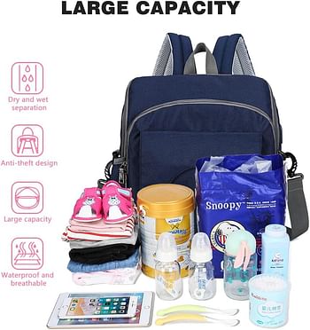 AMERTEER Diaper Bag Backpack with USB Port and Stroller Straps, Maternity Nappy Bag with Insulated Feeding Bottle Pocket - Blue