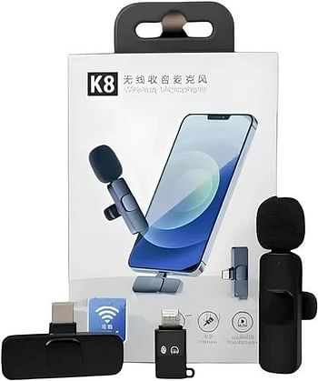 K8 Wireless Microphone All-in-One Latest Best Quality Audio Ultimate Digital Mini Portable Recording Solution Clip Mic Best Gift for Professionals / Live Interviews Video Vlogs and Outdoor Events Plug-and-Play