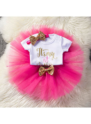 4 Pieces Its My 1st Birthday Costume Princess Theme Dressing up Toy Baby Girl Party Fancy Wear with Tutu Skirt, Cake Topper and Floral Headband - Hot Pink