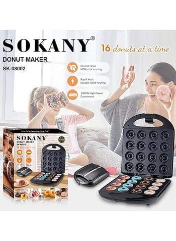 SOKANY SK-08002 1400W Donut Maker, Mini Doughnut Maker for 16 Mini Doughnuts, Non-Stick Coating, Automatic Temperature Control