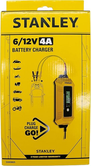 Stanley Automatic 8 Stage 12V/4A Car Battery Charger & Maintainer for All Types of 6-12V Lead Acid Batteries - SXAE00025GB