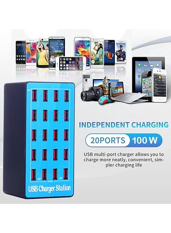 Smart USB Charger Station 20 Ports 100W, Multi-Port USB Charger with Smart Detection to charge smartphones, tablets and other USB devices