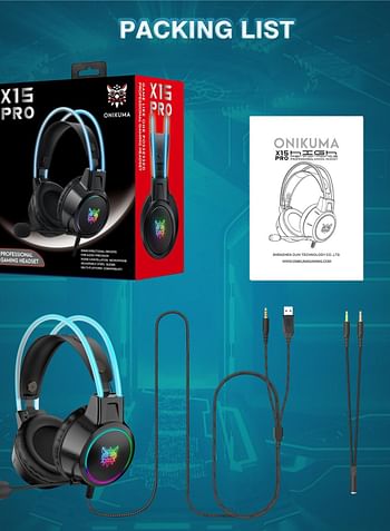 onikuma X15 Pro Wired Over-Ear Gaming Headphones with Mic and LED Light for PS4/PS5/XOne/XSeries/NSwitch/PC - Black