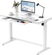 Flexispot Electric Height AdjUStable Standing Desk With Drawer 48 X 24 Inch Tempered Glass White Desktop & Frame Home Office Computer Workstation (2.4A USb Charge Ports, Memory Controller, Child Lock)