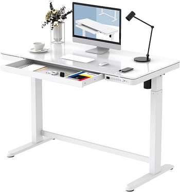 Flexispot Electric Height AdjUStable Standing Desk With Drawer 48 X 24 Inch Tempered Glass White Desktop & Frame Home Office Computer Workstation (2.4A USb Charge Ports, Memory Controller, Child Lock)