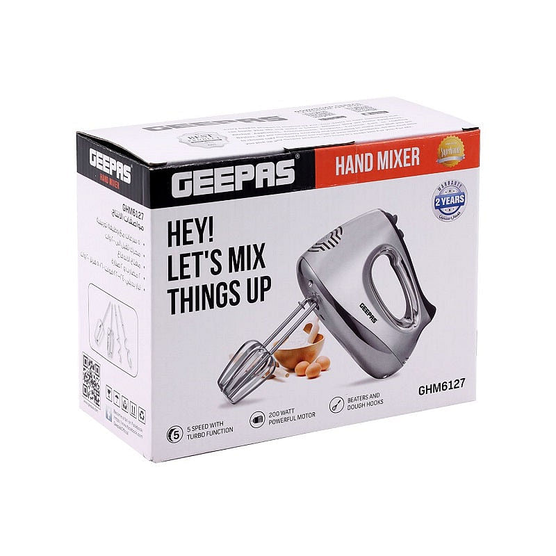 Geepas GHM6127 200W Hand Mixer - 5 Speed Function with Turbo, 2 Stainless Steel Beaters & Dough Hooks, Eject Button