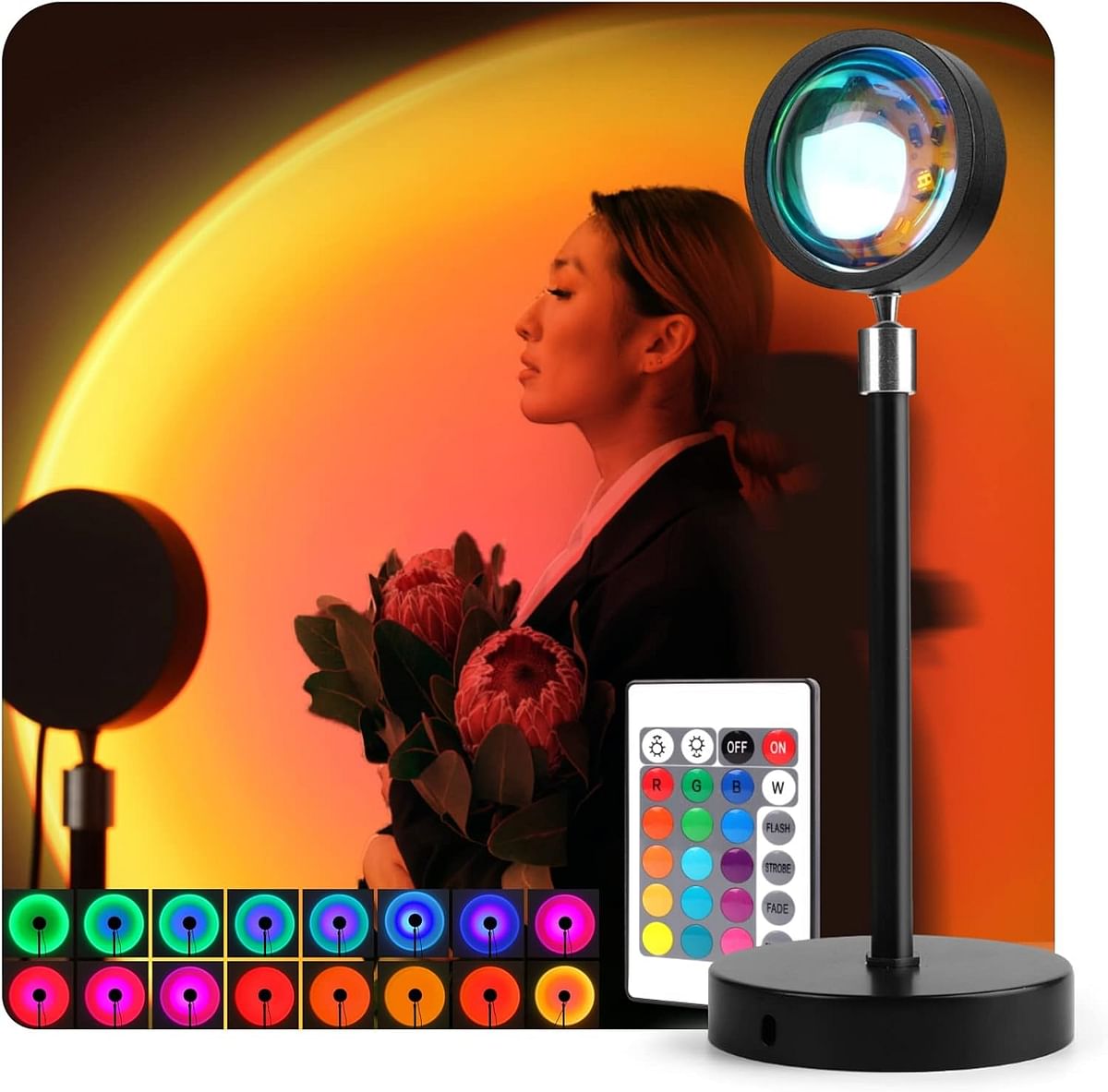 360&degree Rotatable Sunset Lamp, Baytion RGB 16 Colors & 4 Modes Remote LED Sunset Light Romantic Night Light For Bedroom Decor, Living Room, Kid's room, Photography, Party 1.6M USB Cable Plug and Play