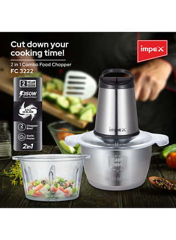 Impex Electric Food Chopper 2in1 Combo| 350W Powerful Motor| Dual 2L Glass & Stainless Steel Bowls| Double Layer 4 Stainless Steel Blades | 2 Speeds Control |Motor Overheat Protection| Anti-Slip Ring