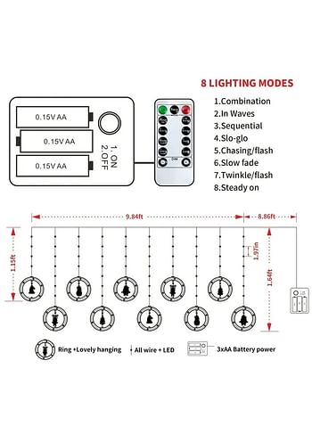 WILLED Christmas String Lights 120 LED Window Curtain Lights with Remote, Multicolor Waterproof Fairy Lights with Hanging Xmas Ornaments for Indoor Outdoor Xmas Tree Patio Garden