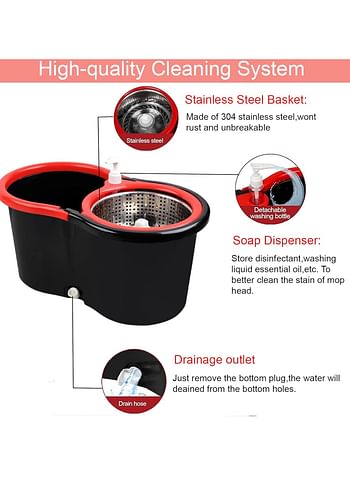 Spin Mop and Bucket with Wringer Set, 360° Spinning Mop Bucket System, Stainless Steel Extended Handle for Floor Cleaning Home Office-Multicolour