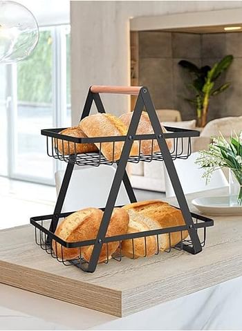 2-Tier Countertop Fruit and Vegetable Basket, Kitchen Storage Rack, Food Bins, Wire Construction, Wooden Handle, Versatile Organizer-  Black