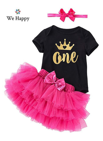 4 Pieces 1st Birthday Baby Girl Costume Set, Newborn Princess ONE Printed with Crown Dress for Theme Party Photoshoot, Unicorn Bodysuit with Tutu Skirt, Cake Topper and Floral Headband  - Black Pink