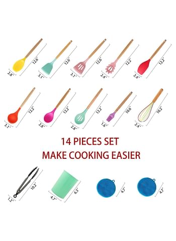 14 Pcs Silicon Kitchen Utensils Set, Non-stick Heat Resistant Silicone, Cooking Utensils With Tongs Spoon Spatula Cooking (Multicolour)