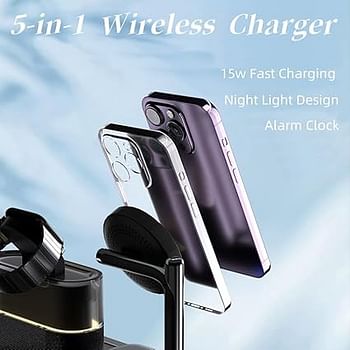 5 in 1 Wireless Charger with Alarm Clock, Wireless Charger Station for Apple Device, Mag-Safe Charging Station, Magnetic Wirelss Charger Stand for Cell Phones, Watches, Headphones - Black