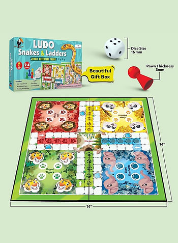 2-in-1 Ludo and Snakes Ladders Board Game Set Jungle Adventure Theme- 4 Players Fun Family Game with Dice Shaker - Foldable 14 inch Travel Gameboard Toy