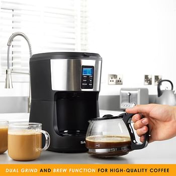 Salter EK4368 Bean to Jug Coffee Machine – Electric Coffee Grinder, 750ml Filter Coffee Maker with Reusable Filter, Digital Display with Programmable Timer, Keep Warm and Auto-Shut Off Function - Black