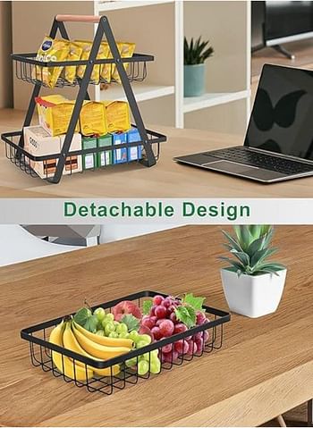 2-Tier Countertop Fruit and Vegetable Basket, Kitchen Storage Rack, Food Bins, Wire Construction, Wooden Handle, Versatile Organizer-  Black