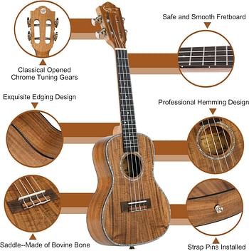 Hricane Concert Ukulele 23 Inch Koa Professional Hawaiian Ukuleles for Beginners with Gig Bag Strings