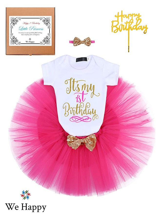 4 Pieces Its My 1st Birthday Costume Princess Theme Dressing up Toy Baby Girl Party Fancy Wear with Tutu Skirt, Cake Topper and Floral Headband - Hot Pink