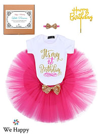 4 Pieces Its My 1st Birthday Costume Princess Theme Dressing up Toy Baby Girl Party Fancy Wear with Tutu Skirt, Cake Topper and Floral Headband - Hot Pink