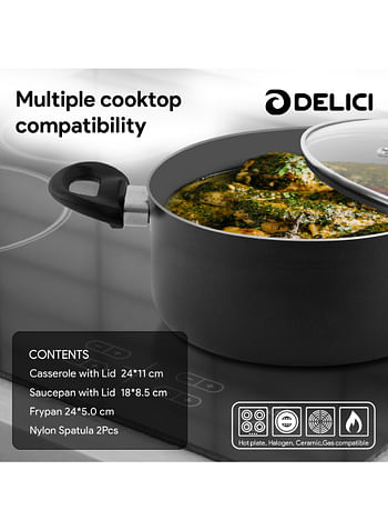 DELICI Nonstick Cookware Set 7 Pcs (NCS7G) 10X Tougher Coating Quick & Even Heat Distribution Suitable for Hot Plate Halogen Ceramic Gas 24cm Casserole with Lid 18cm Saucepan with Lid 24cm Frypan and 2 Nylon Spatulas