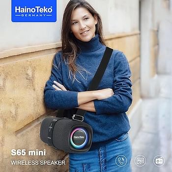 Haino Teko S65 Mini Splash Proof Wireless Speaker with RGB Light, Micro SD Card Slot, FM Radio, Aux and Powerbank Function - Black