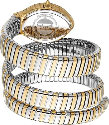 Just Cavalli Women's Signature Snake Watch 2 Tone Silver And Gold Bracelet Dark Green Dial