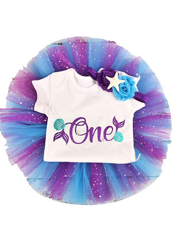 4 Pieces 1st Birthday Baby Girl Costume Mermaid Under the sea Theme Princess Photoshoot Dress ONE Printed Party Wear with Tutu Skirt, Cake Topper and Floral Headband - White Purple