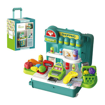 Toy Set 4 in 1 Travel Suitcase Mobile Supermarket Shop Kit Cash Register Food Fruit Vegetable 43PCS Role Play Accessories Gift for Boys Girls