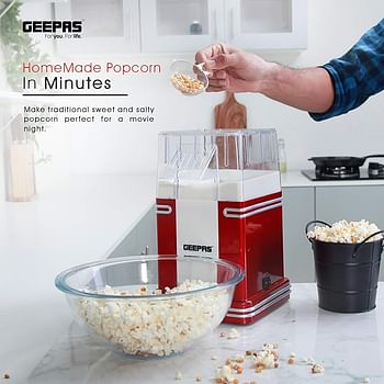 1200W Electric Popcorn Maker, Makes Hot, Fresh, Healthy and Fat-Free Theatre Style Popcorn Anytime, On/Off Switch, Oil-Free Popcorn Popper Geepas – Red & White