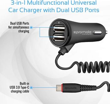 Promate Ultra Fast 3.4A Dual USB Car Charger, Procharge-C2