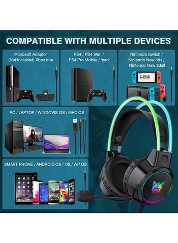 onikuma X15 Pro Wired Over-Ear Gaming Headphones with Mic and LED Light for PS4/PS5/XOne/XSeries/NSwitch/PC - Black