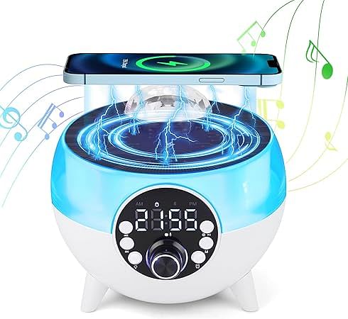 Bluetooth Speaker with Lights, 15W Wireless Charger with Ambient Lighting, 5 in 1 Galaxy Star Projector Table Lamp and Alarm Clock, Night Light Bedside Lamp for Bedroom Home Decor Birthday Gifts