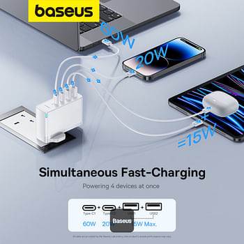 Baseus GaN5 Pro Fast Charger C+U 100W US White (With Mini White Cable Type-C to Type-C 100W(20V/5A) 1m - White