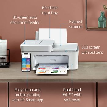 طابعة HP Deskjet Plus 4120 متعددة الوظائف لاسلكية تدعم الطباعة والنسخ والمسح الضوئي وإرسال الفاكسات عبر الهاتف المحمول - باللون الأبيض