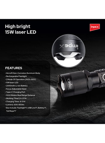 Impex Rechargeable LED Flashlight 10W Laser LED 500 Lumens 1800m Range 3 Modes (High, Low, SOS) Aircraft Non-Corrosive Aluminum Body Type C Charging Rotatable Head Powerful Light Beam