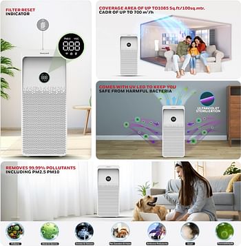 Honeywell Air touch U1 Indoor Air Purifier.ESMA Certified.Anti-Bacterial,H13 HEPA Filter,Activated Carbon Filter,removes 99.99% Pollutants Micro Allergens,UV LED, WIFI, Coverage 1085sq.ft