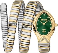 Just Cavalli Women's Signature Snake Watch 2 Tone Silver And Gold Bracelet Dark Green Dial