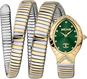 Just Cavalli Women's Signature Snake Watch 2 Tone Silver And Gold Bracelet Dark Green Dial