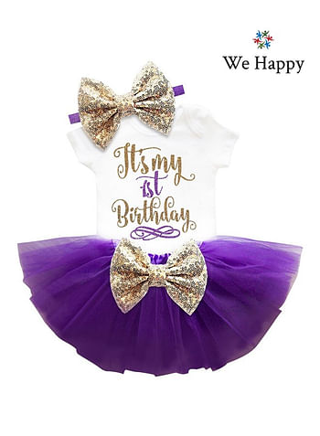 4 Pieces Its My 1st Birthday Costume Princess Theme Dressing up Toy Baby Girl Party Fancy Wear with Tutu Skirt, Cake Topper and Floral Headband - Purple