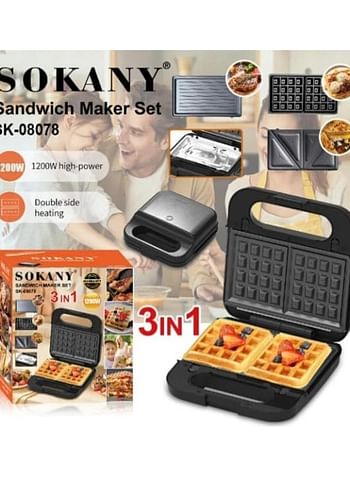 sokany Multimaker 3 in 1 SOKANY SK-08078 waffle maker for Belgian waffles, sandwich maker 1200W - Black